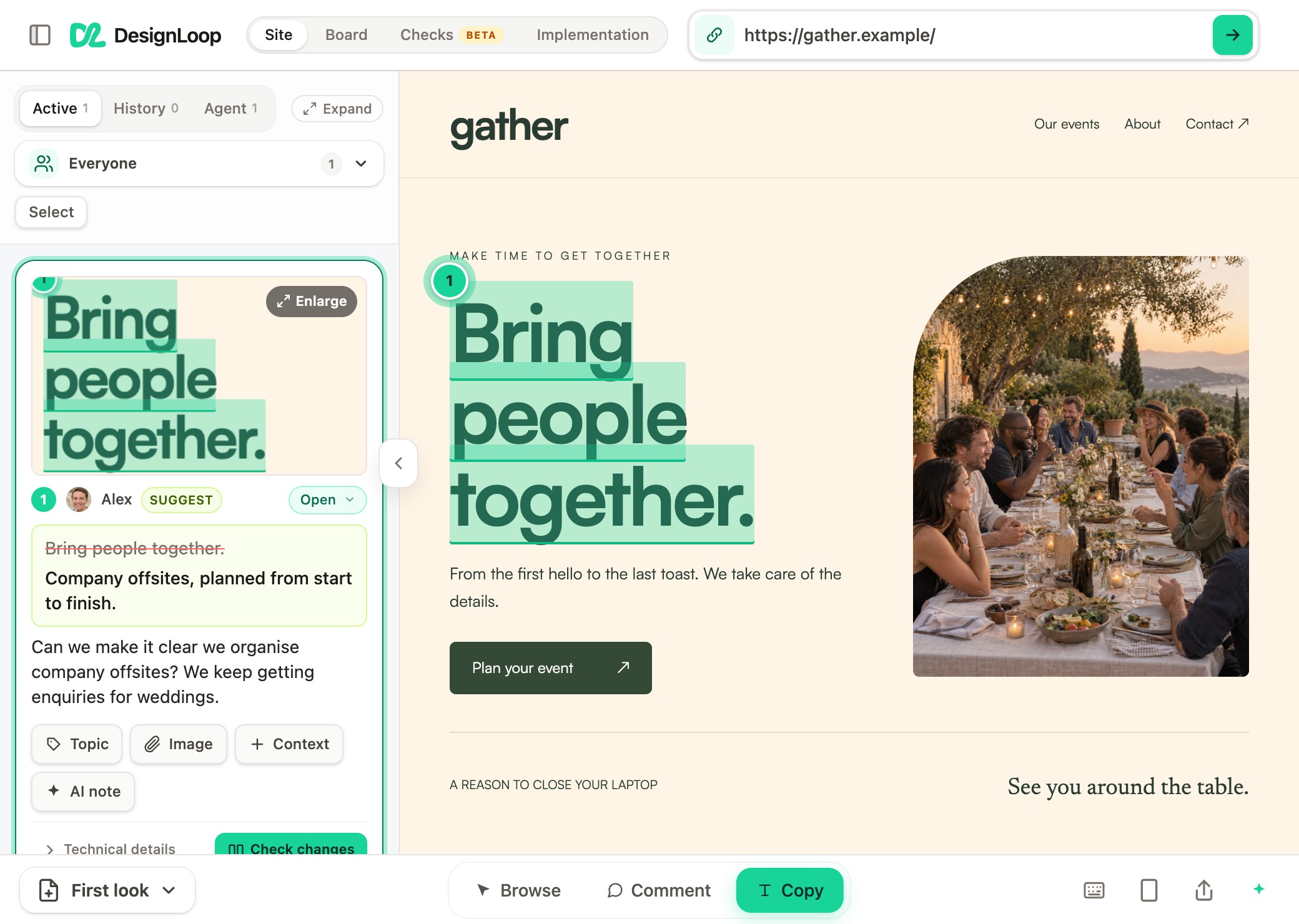 DesignLoop showing a highlighted headline and Alex’s suggestion to replace it with “Company offsites, planned from start to finish.”