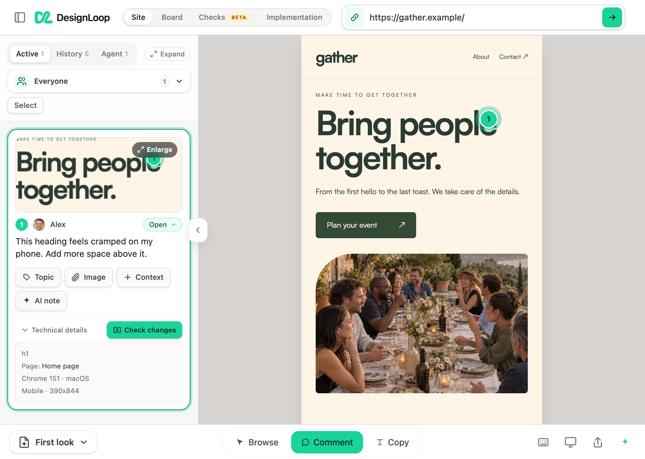 DesignLoop’s mobile preview showing the pinned heading at 390 pixels wide, alongside the comment and captured screen size.