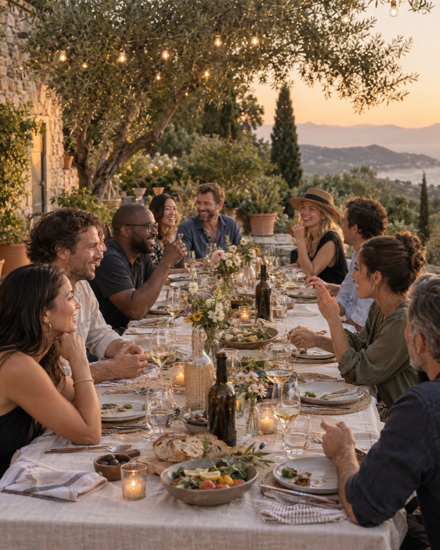 Colleagues sharing dinner at a long outdoor table under string lights